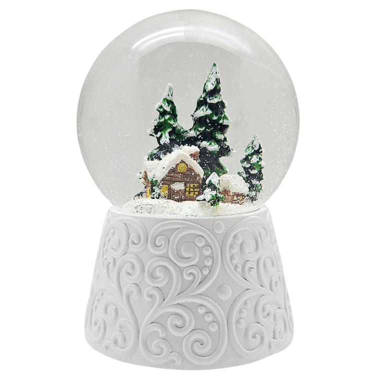 Nostalgische Schneekugel Hütte auf Ornamentsockel weiß 100 mm Durchmesser mit Spieluhr