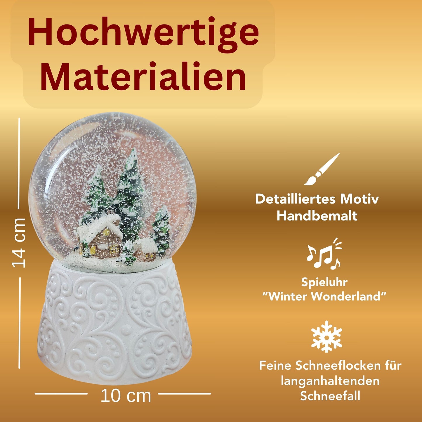 Nostalgische Schneekugel Hütte auf Ornamentsockel weiß 100 mm Durchmesser mit Spieluhr