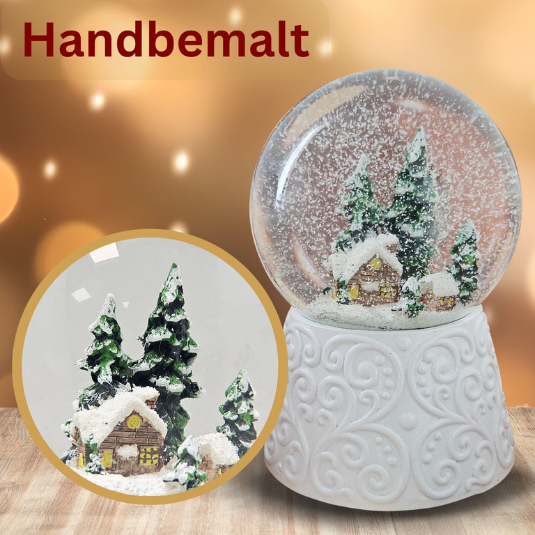 Nostalgische Schneekugel Hütte auf Ornamentsockel weiß 100 mm Durchmesser mit Spieluhr
