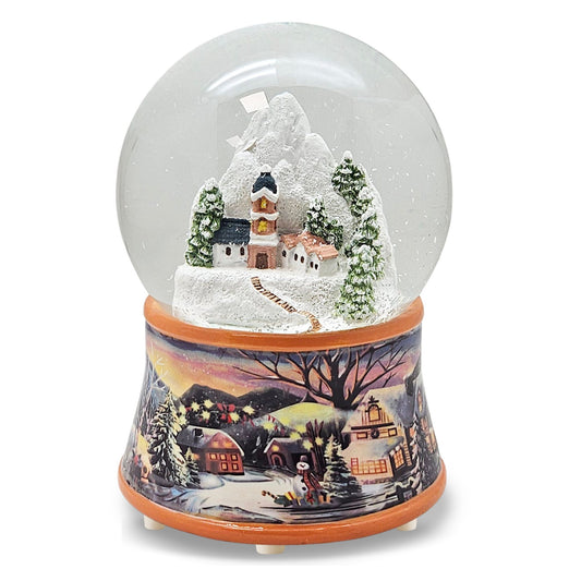 Nostalgische Schneekugel Bergdorf auf Sockel Winterlandschaft ocker Rand 100 mm Durchmesser mit Spieluhr