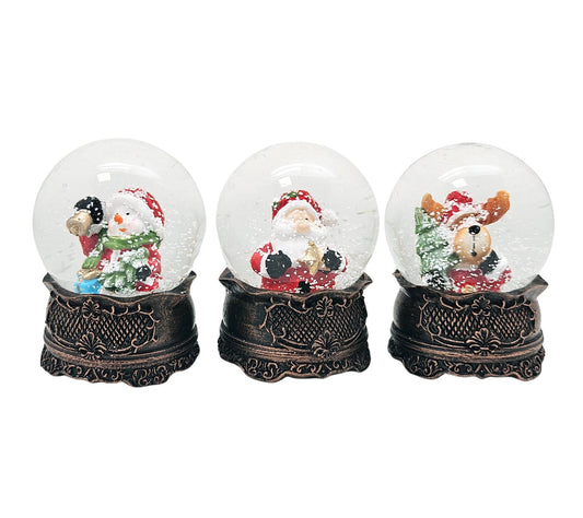 3 süße Mini - Schneekugeln Winter & Weihnacht mit Sockel antik Kupfer B: 45mm - Schneekugelhaus