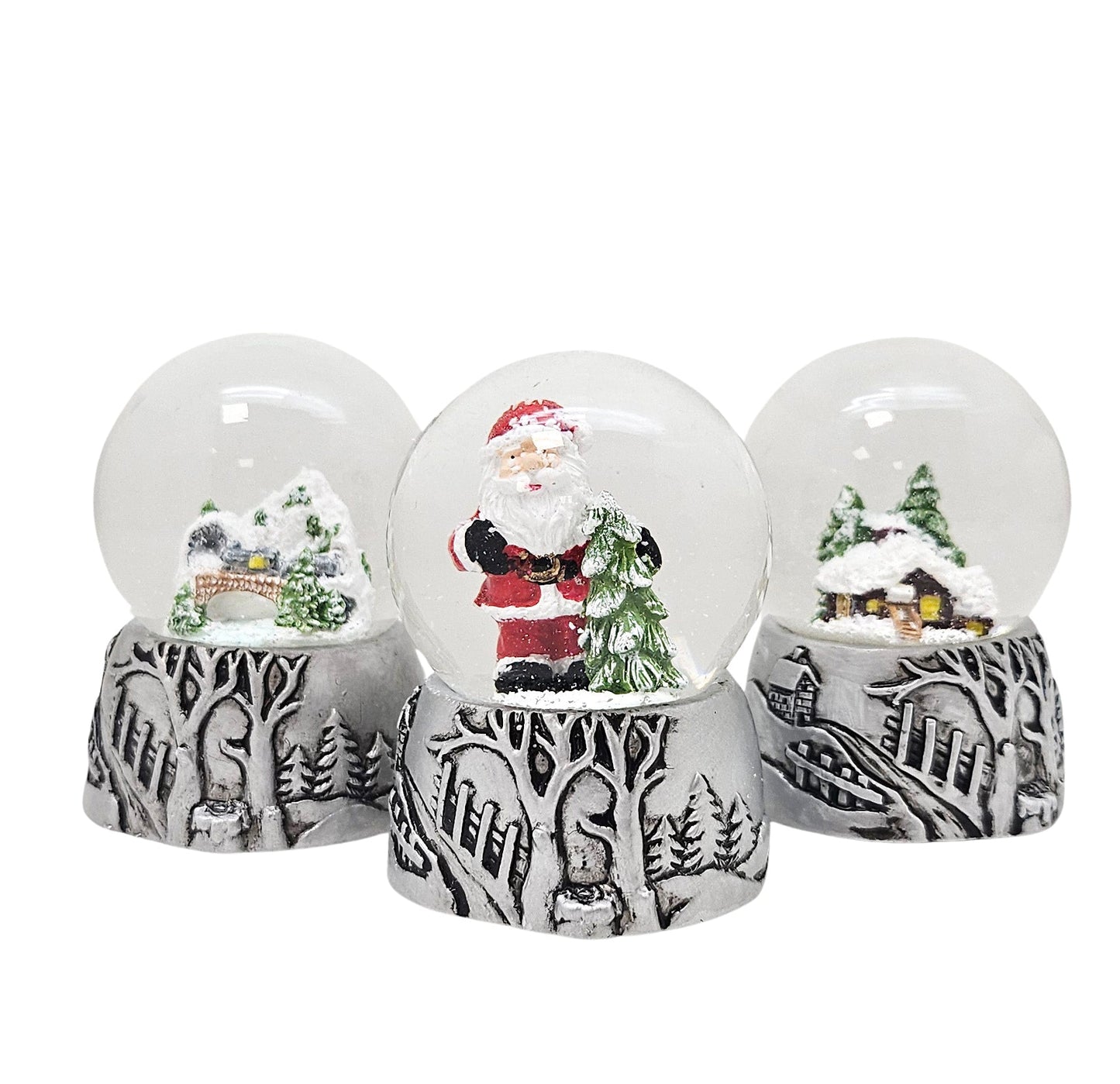 3 süße Mini - Schneekugeln Winter & Weihnacht mit Sockel antik silber B: 45mm - Schneekugelhaus