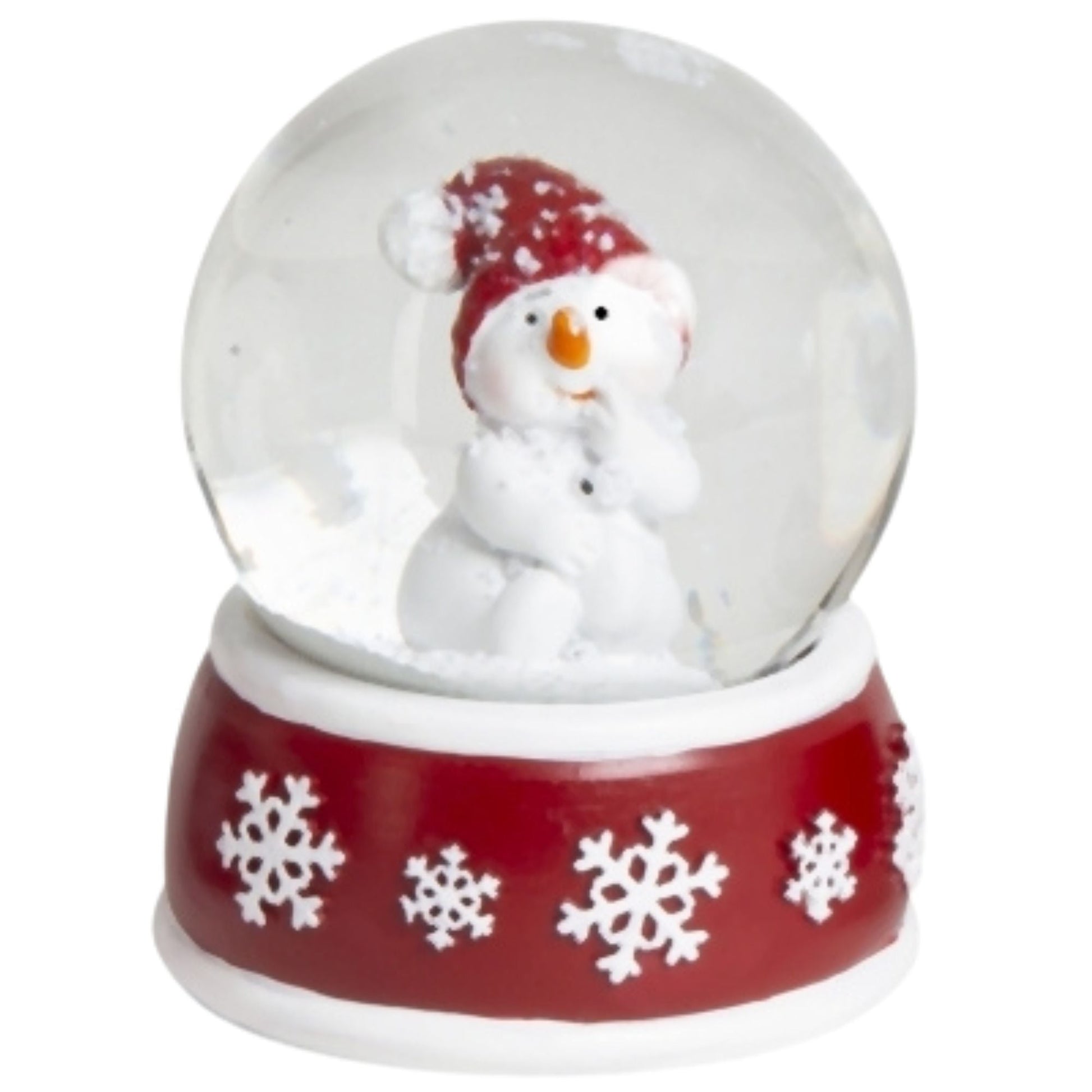 4 Schneekugeln Schneemann mit Sockel rot weiß Schneeflocke B: 65mm - Schneekugelhaus