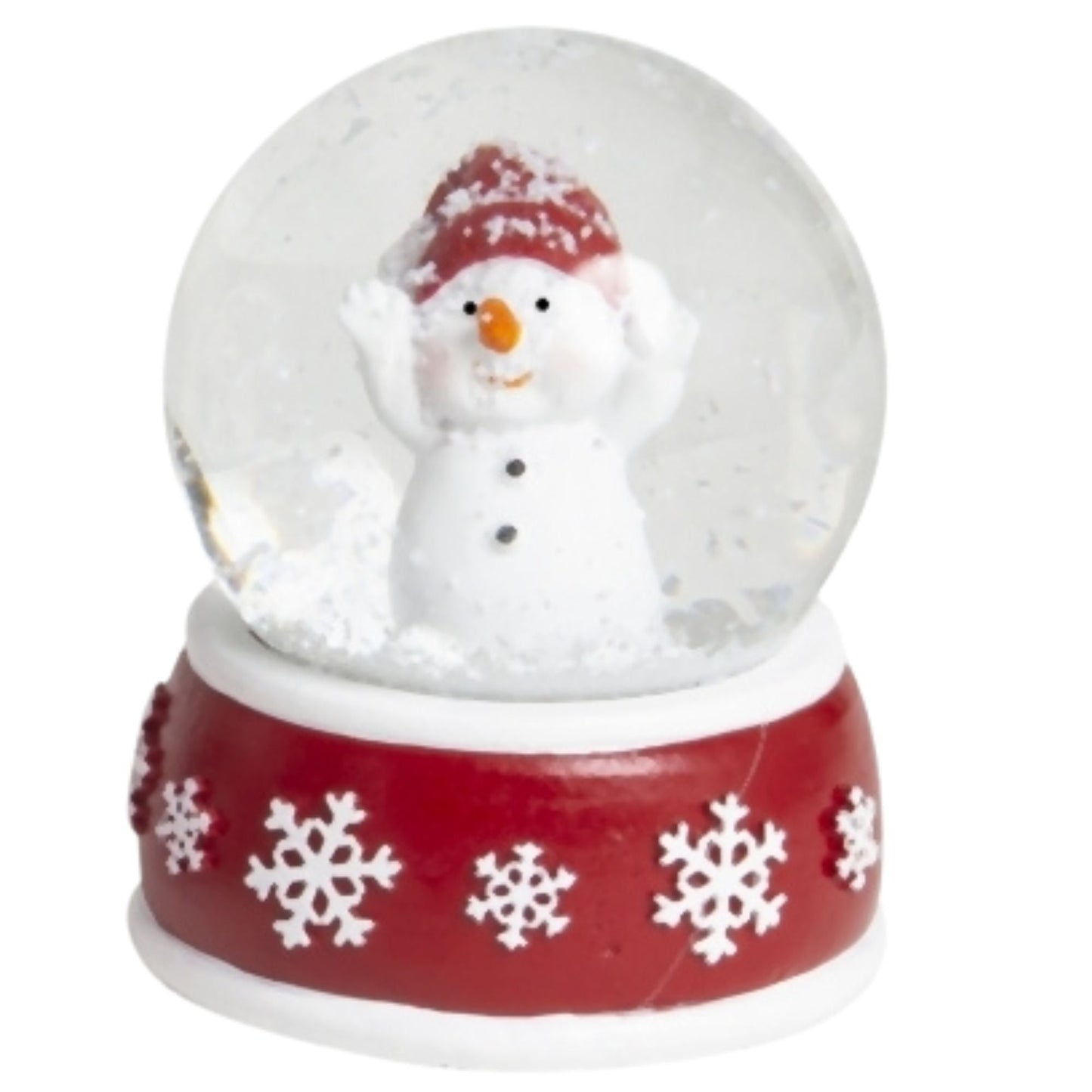4 Schneekugeln Schneemann mit Sockel rot weiß Schneeflocke B: 65mm - Schneekugelhaus