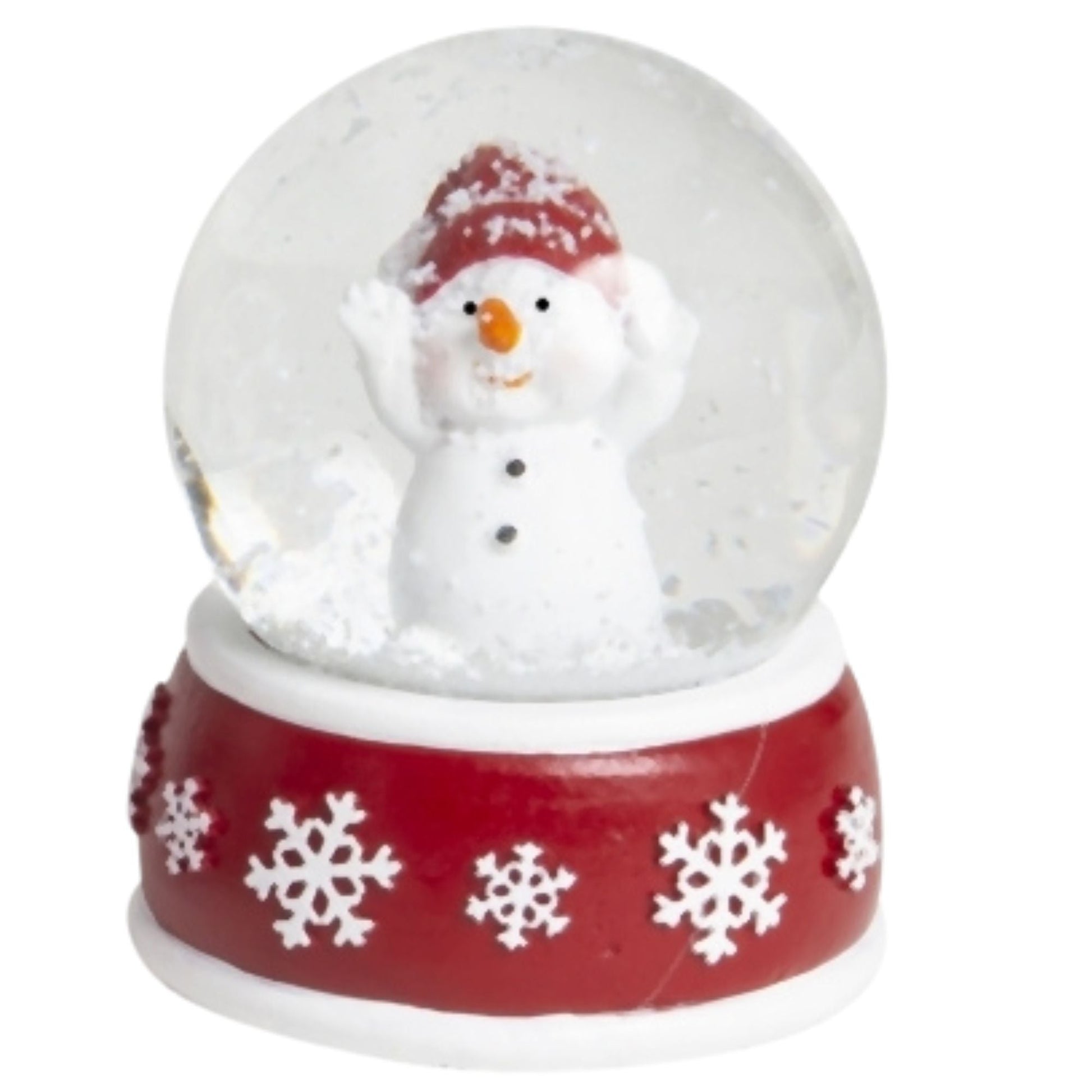 4 Schneekugeln Schneemann mit Sockel rot weiß Schneeflocke B: 65mm - Schneekugelhaus