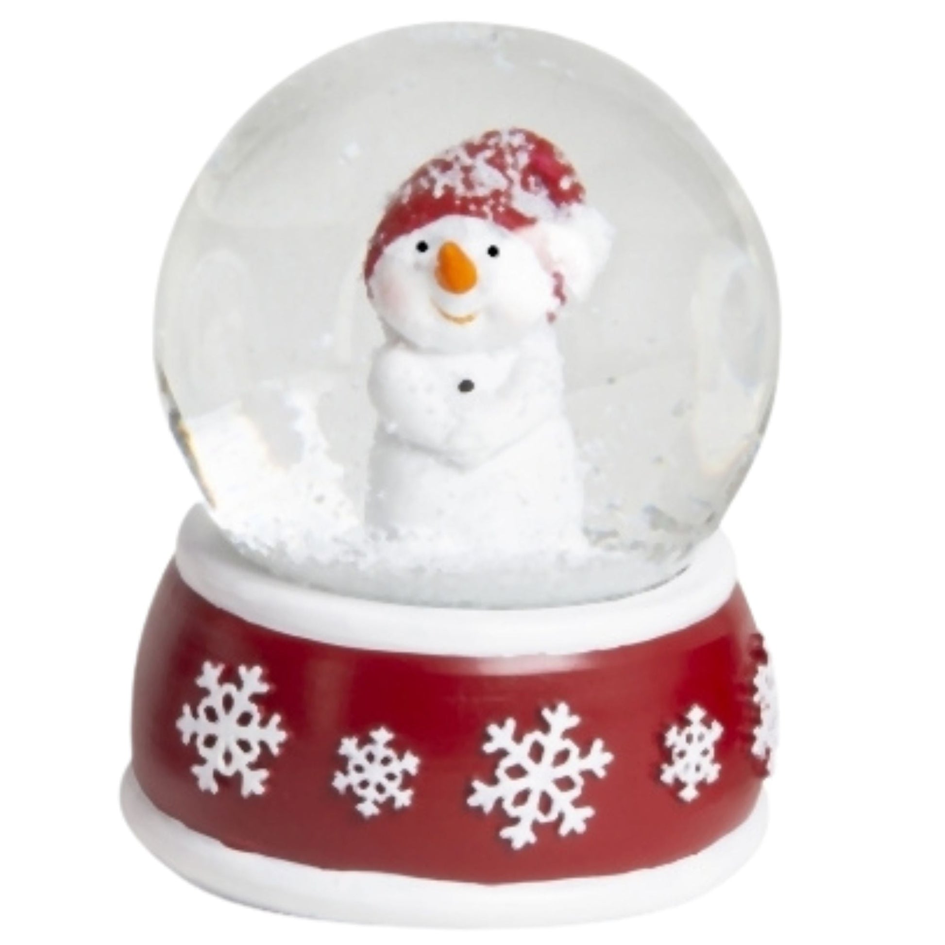 4 Schneekugeln Schneemann mit Sockel rot weiß Schneeflocke B: 65mm - Schneekugelhaus