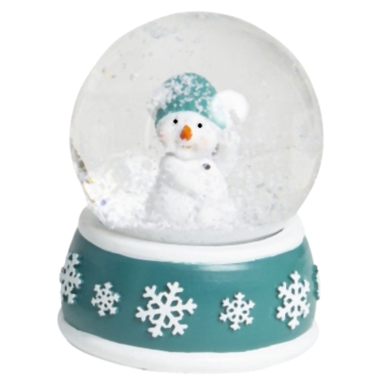4 Schneekugeln Schneemann mit Sockel türkis weiß Schneeflocke B: 65mm - Schneekugelhaus