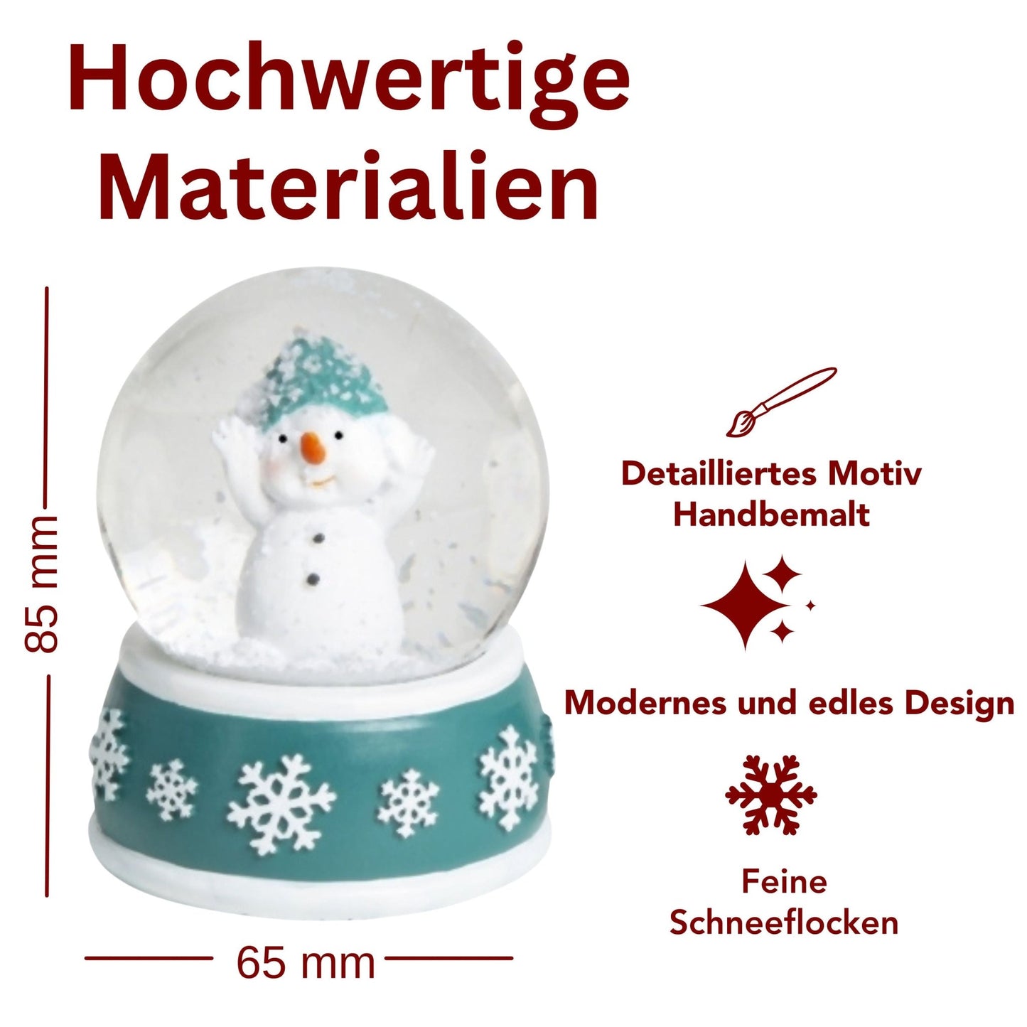 4 Schneekugeln Schneemann mit Sockel türkis weiß Schneeflocke B: 65mm - Schneekugelhaus