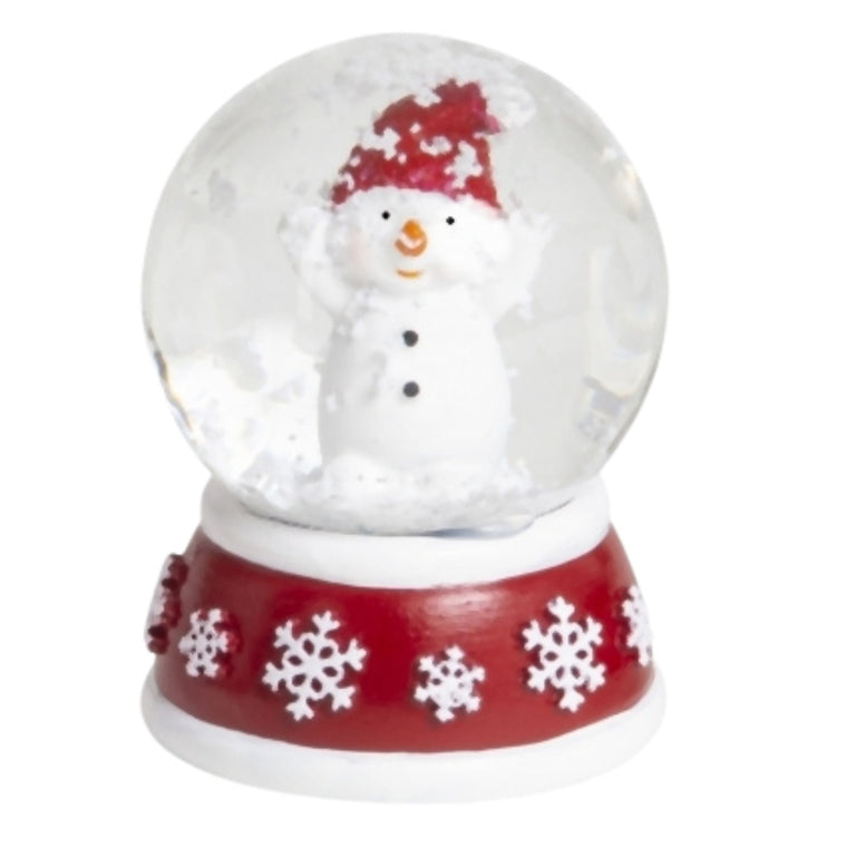 4 süße Mini - Schneekugeln Schneemann mit Sockel rot weiß Schneeflocke B: 45mm - Schneekugelhaus