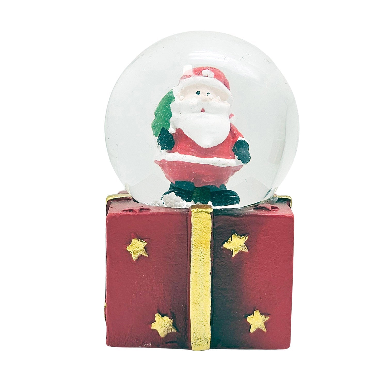 4 Süße Mini - Schneekugeln Weihnachtsmann auf Geschenke - Sockel 45mm Durchmesser - Schneekugelhaus
