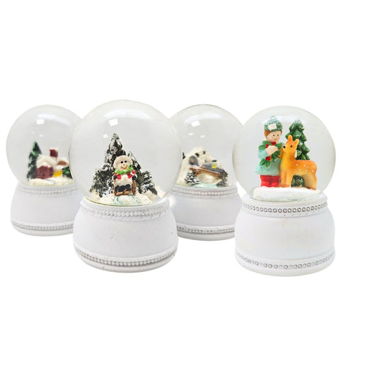 4 süße Mini - Schneekugeln Winter & Weihnacht, Rehkitz mit Sockel weiß Nostalgie B: 45mm - Schneekugelhaus