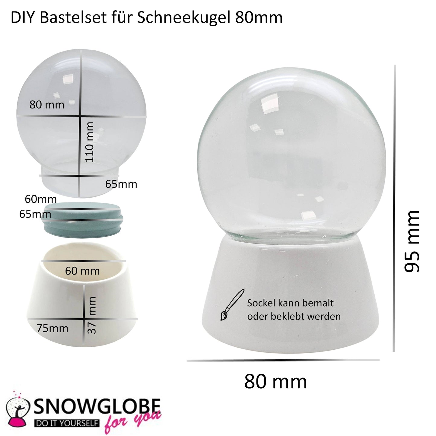 DIY-Komplett-Bastelset für Glas-Schneekugel 80x90mm mit Schnee, Glitzer, Wasserklar & Kleber