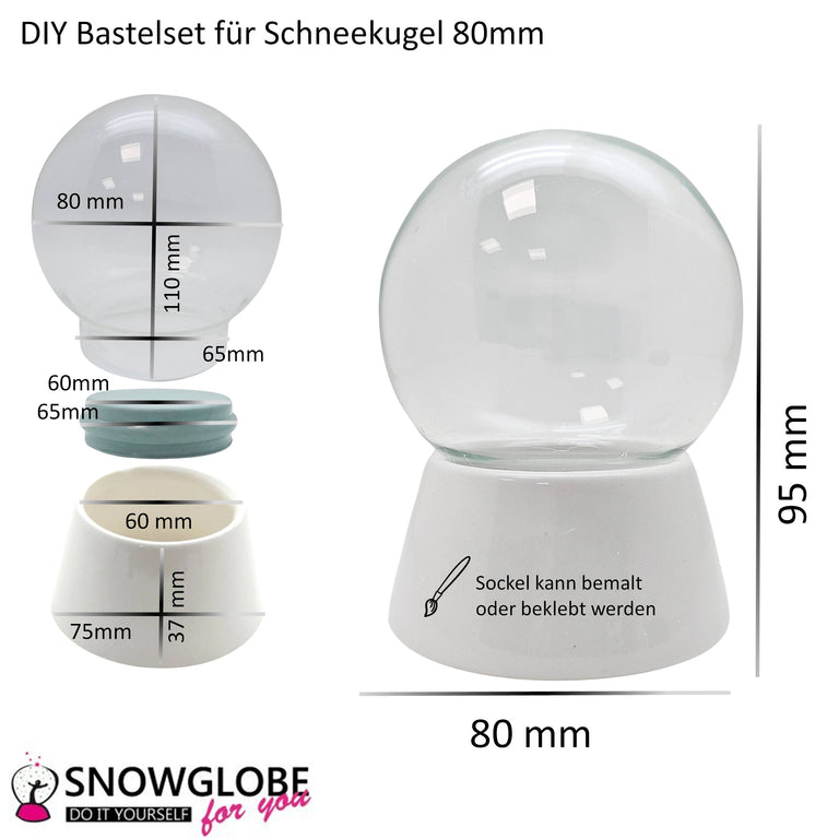 DIY-Komplett-Bastelset für Glas-Schneekugel 80x90mm mit Schnee, Glitzer, Wasserklar & Kleber