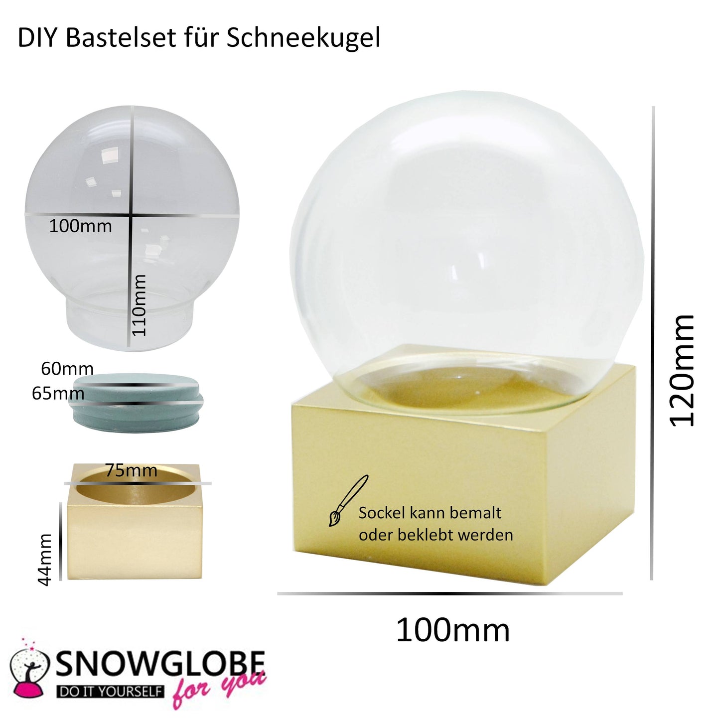 DIY-Komplett-Bastelset für Glas-Schneekugel 100x120mm gold mit Schnee, Glitzer, Wasserklar & Kleber