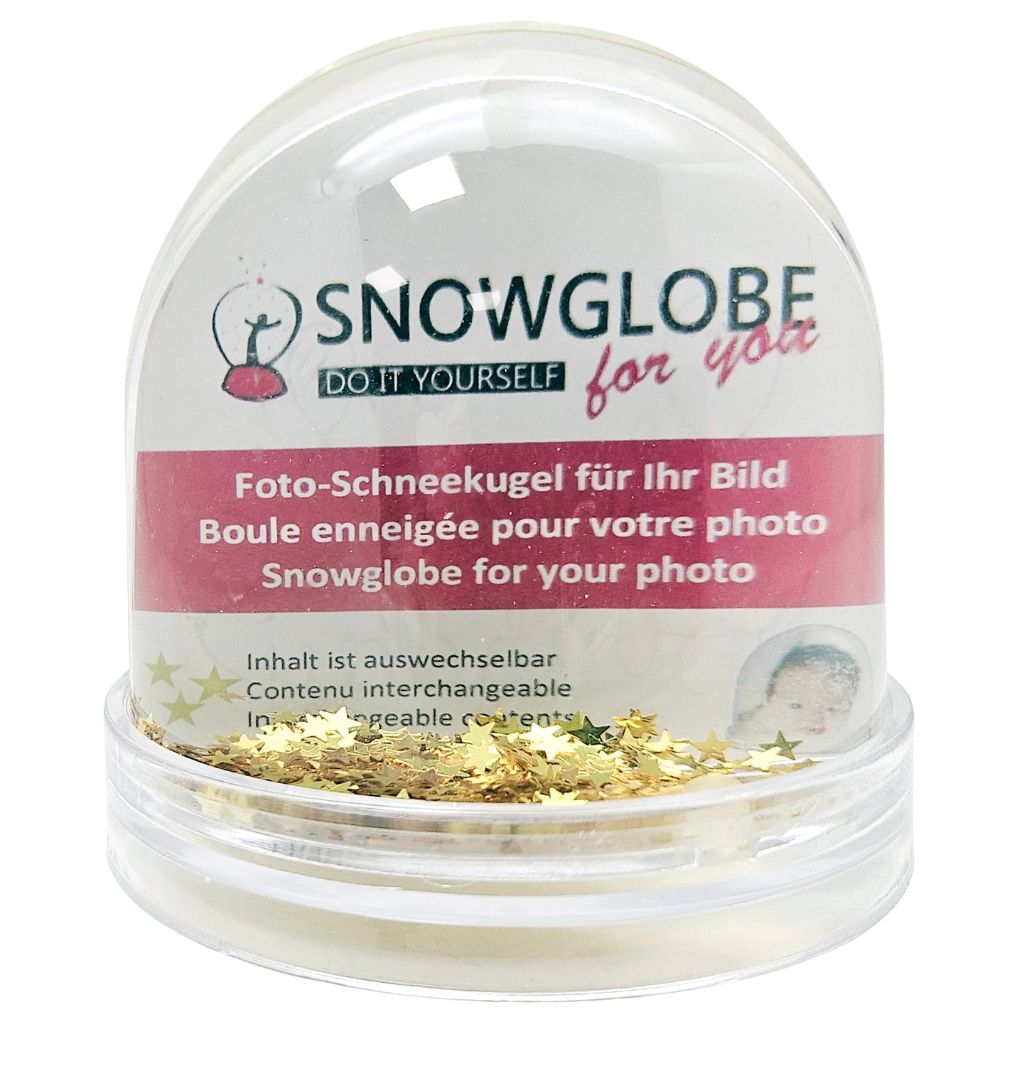 Foto-Schneekugel groß mit transparentem Sockel - goldene Sterne