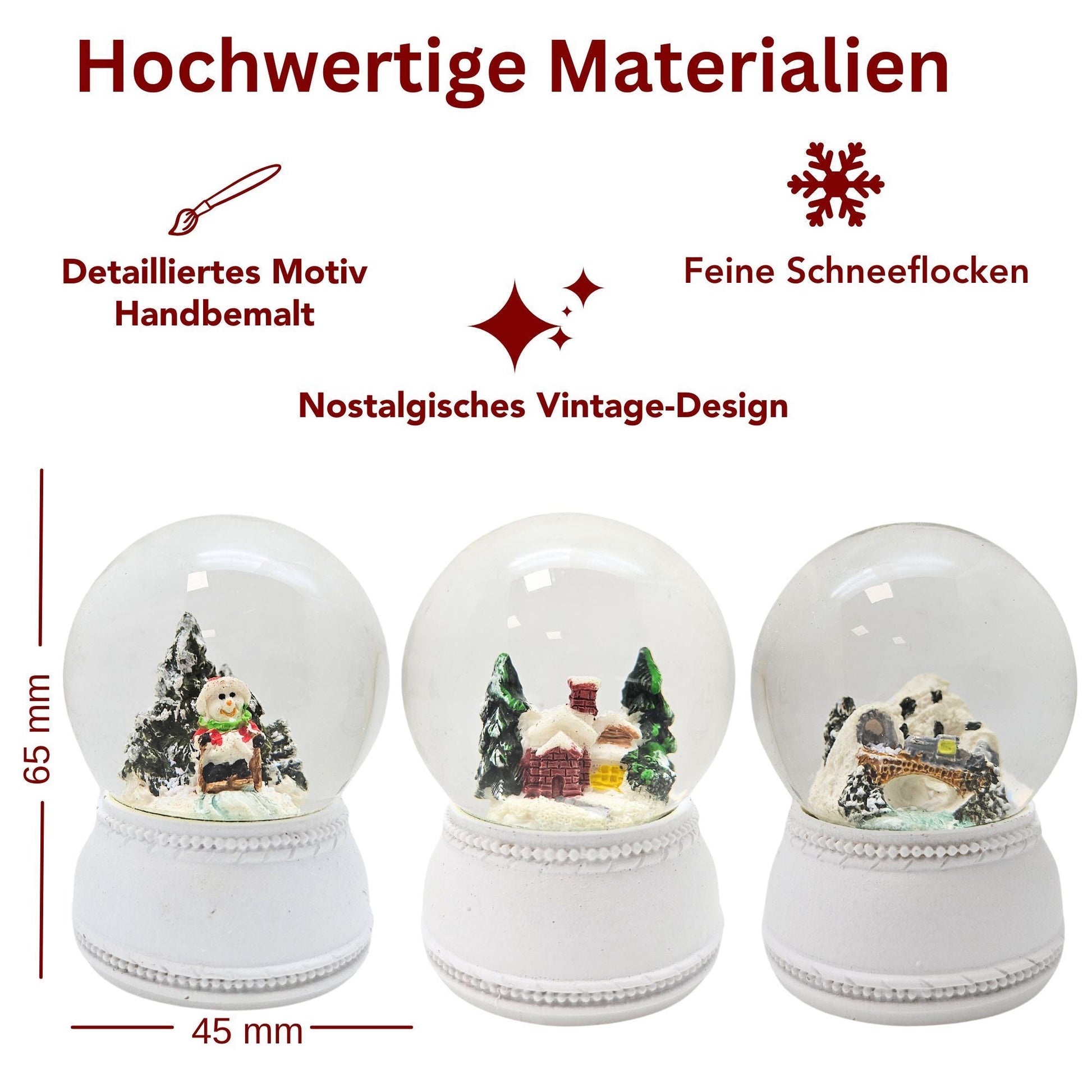 Dekopaket - Bergdorf weiß Nostalgie mit 4 Schneekugeln in mehreren Größen - Schneekugelhaus