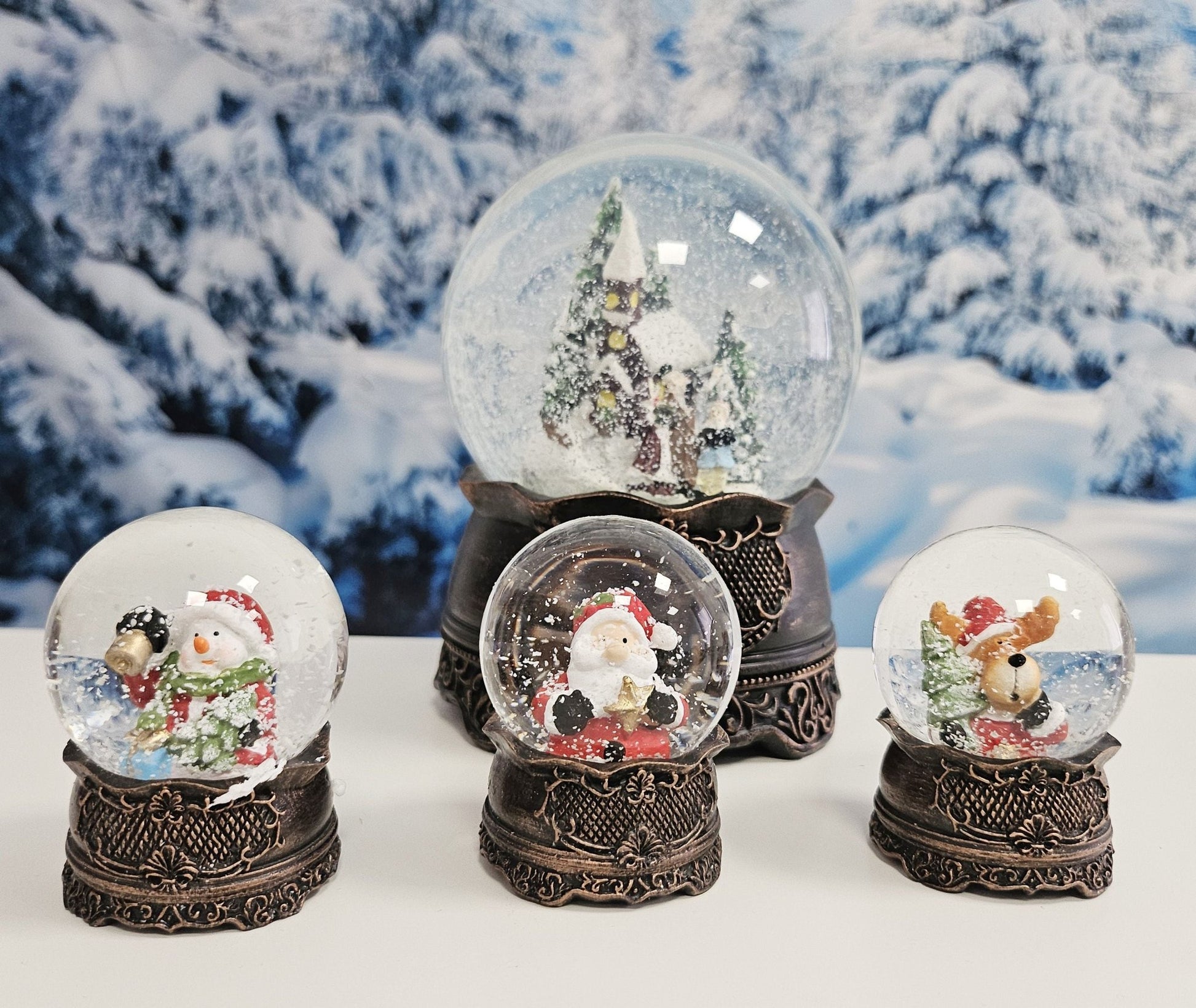 Dekopaket - Nostalgie Schneekugel Kupfer Antik mit 4 Schneekugeln in mehreren Größen - Schneekugelhaus