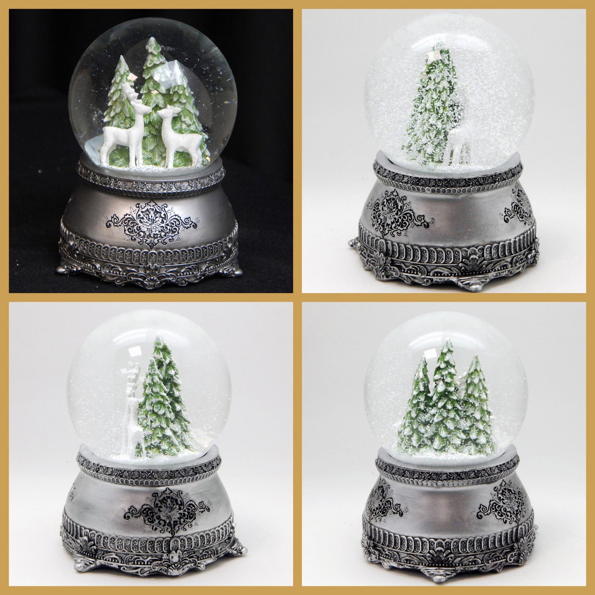 Dekopaket - Nostalgie Schneekugel Zinnsockel mit 4 Schneekugeln in mehreren Größen - Schneekugelhaus