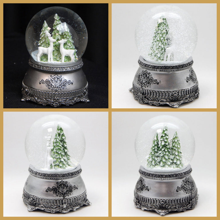 Dekopaket - Nostalgie Schneekugel Zinnsockel mit 4 Schneekugeln in mehreren Größen - Schneekugelhaus