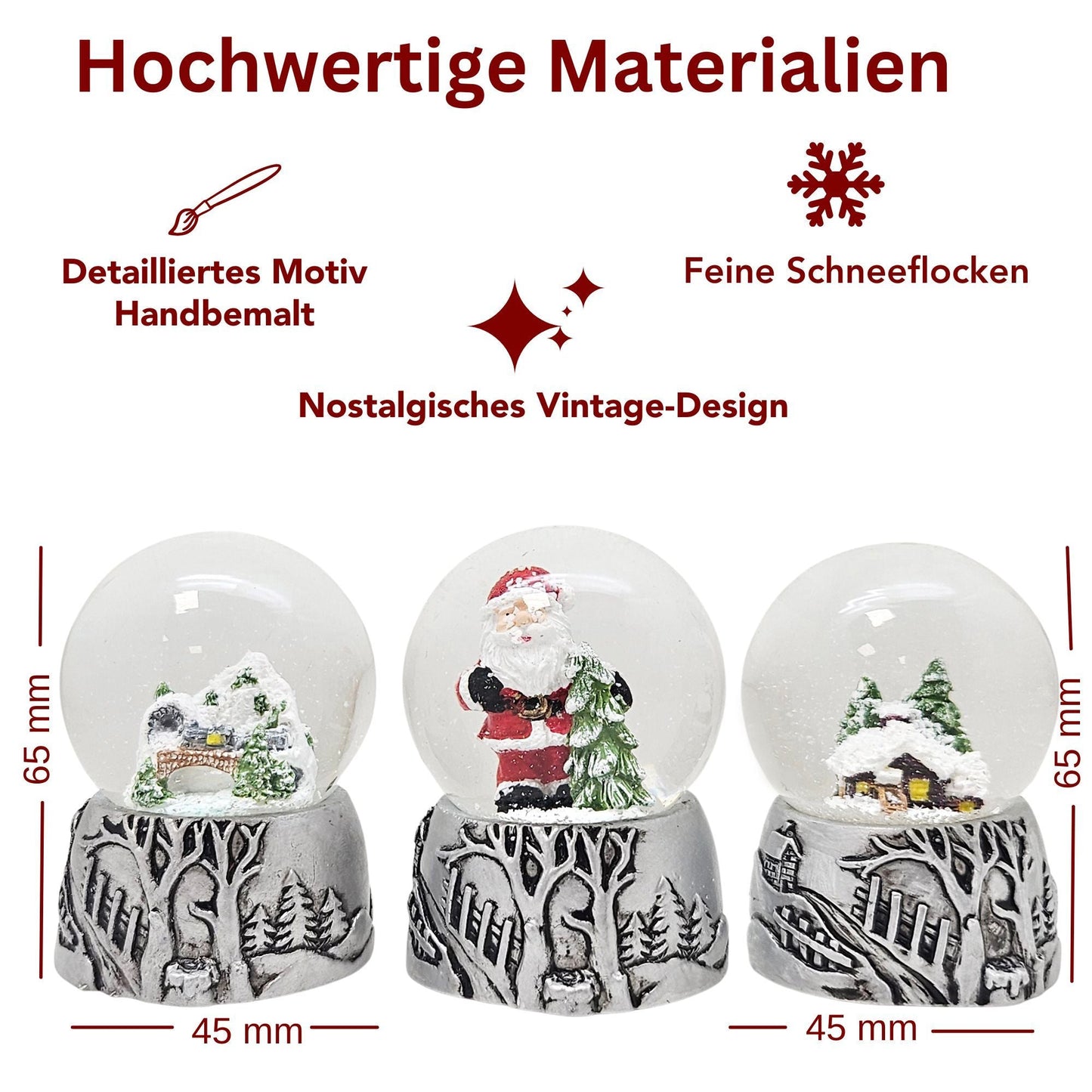 Dekopaket - Nostalgie Schneekugel Zinnsockel mit 4 Schneekugeln in mehreren Größen - Schneekugelhaus