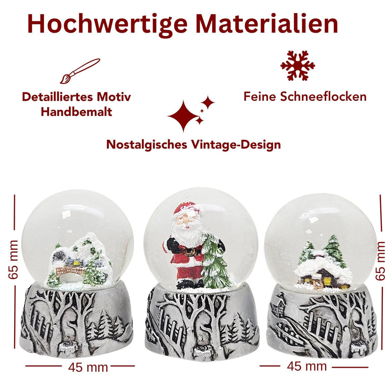 Dekopaket - Nostalgie Schneekugel Zinnsockel mit 4 Schneekugeln in mehreren Größen - Schneekugelhaus