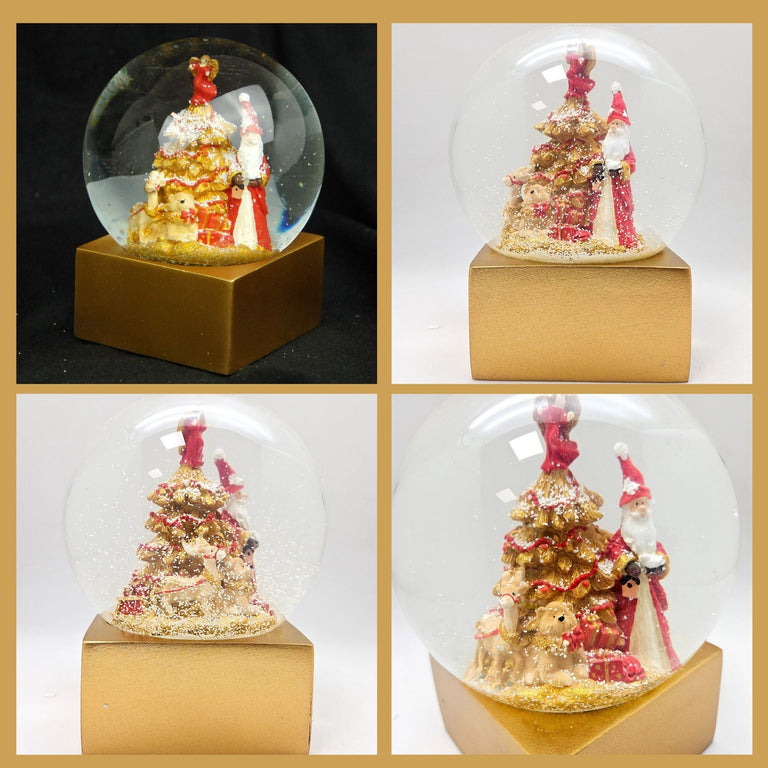 Designer Schneekugel Weihnachtsmann Christbaum rot gold Sockel gold eck PURE - Line 12 cm Durchmesser - Schneekugelhaus
