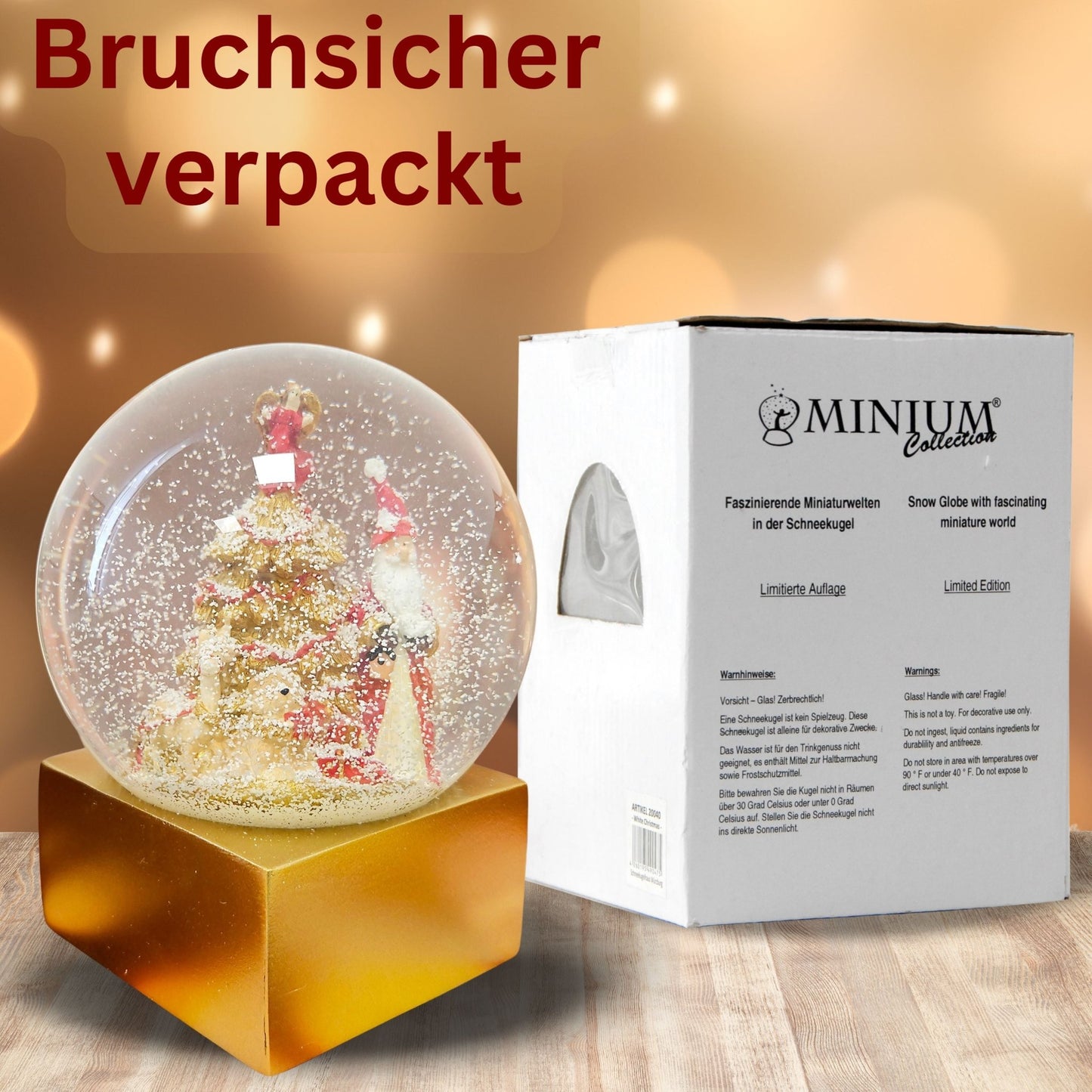 Designer Schneekugel Weihnachtsmann Christbaum rot gold Sockel gold eck PURE - Line 12 cm Durchmesser - Schneekugelhaus