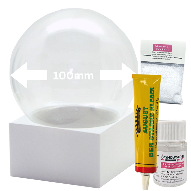 DIY - Komplett - Bastelset für Glas - Schneekugel 100x120mm weiß mit Schnee, Glitzer, Wasserklar & Kleber - Schneekugelhaus