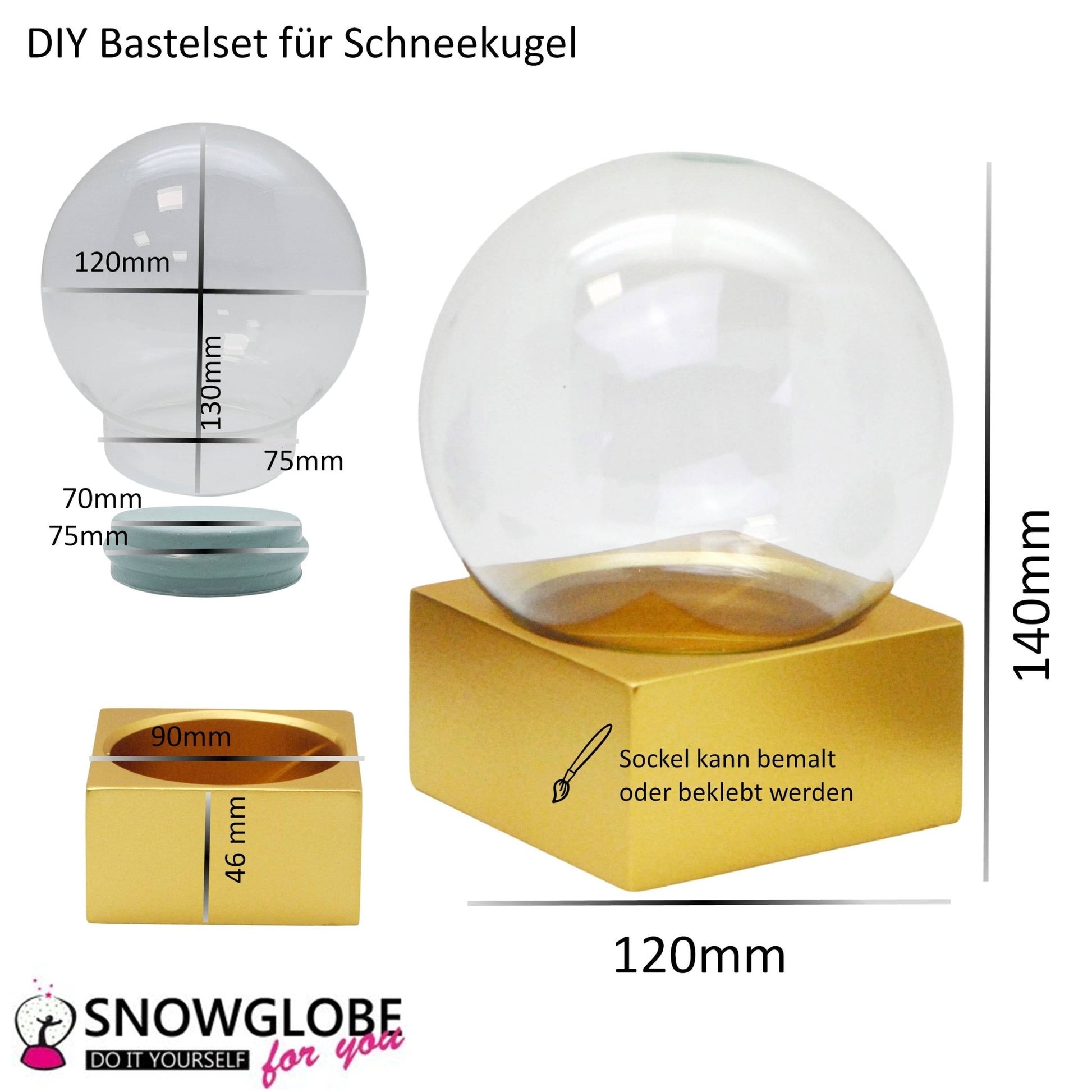 DIY - Komplett - Bastelset für Glas - Schneekugel 120x140mm gold mit Schnee, Glitzer, Wasserklar & Kleber - Schneekugelhaus