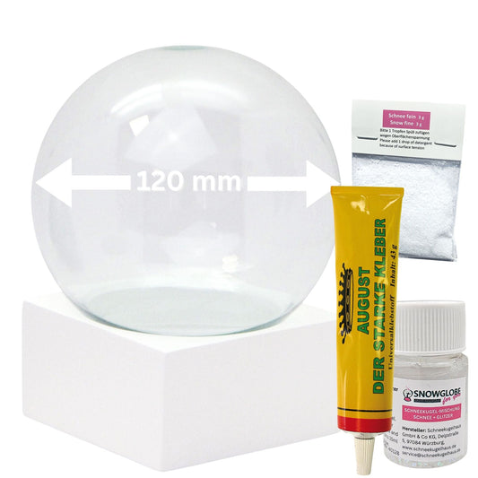 DIY - Komplett - Bastelset für Glas - Schneekugel 120x140mm weiß mit Schnee, Glitzer, Wasserklar & Kleber - Schneekugelhaus