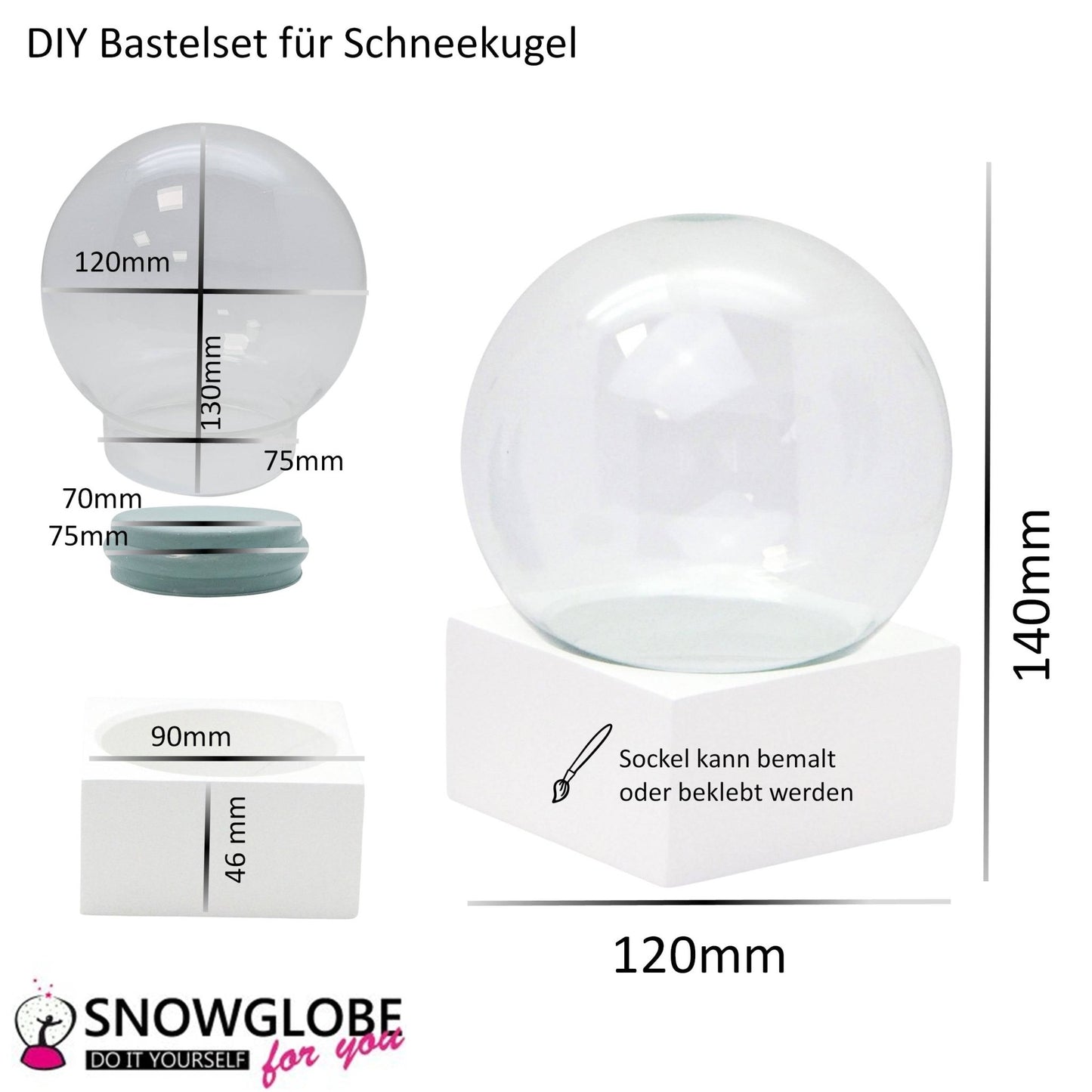 DIY - Komplett - Bastelset für Glas - Schneekugel 120x140mm weiß mit Schnee, Glitzer, Wasserklar & Kleber - Schneekugelhaus