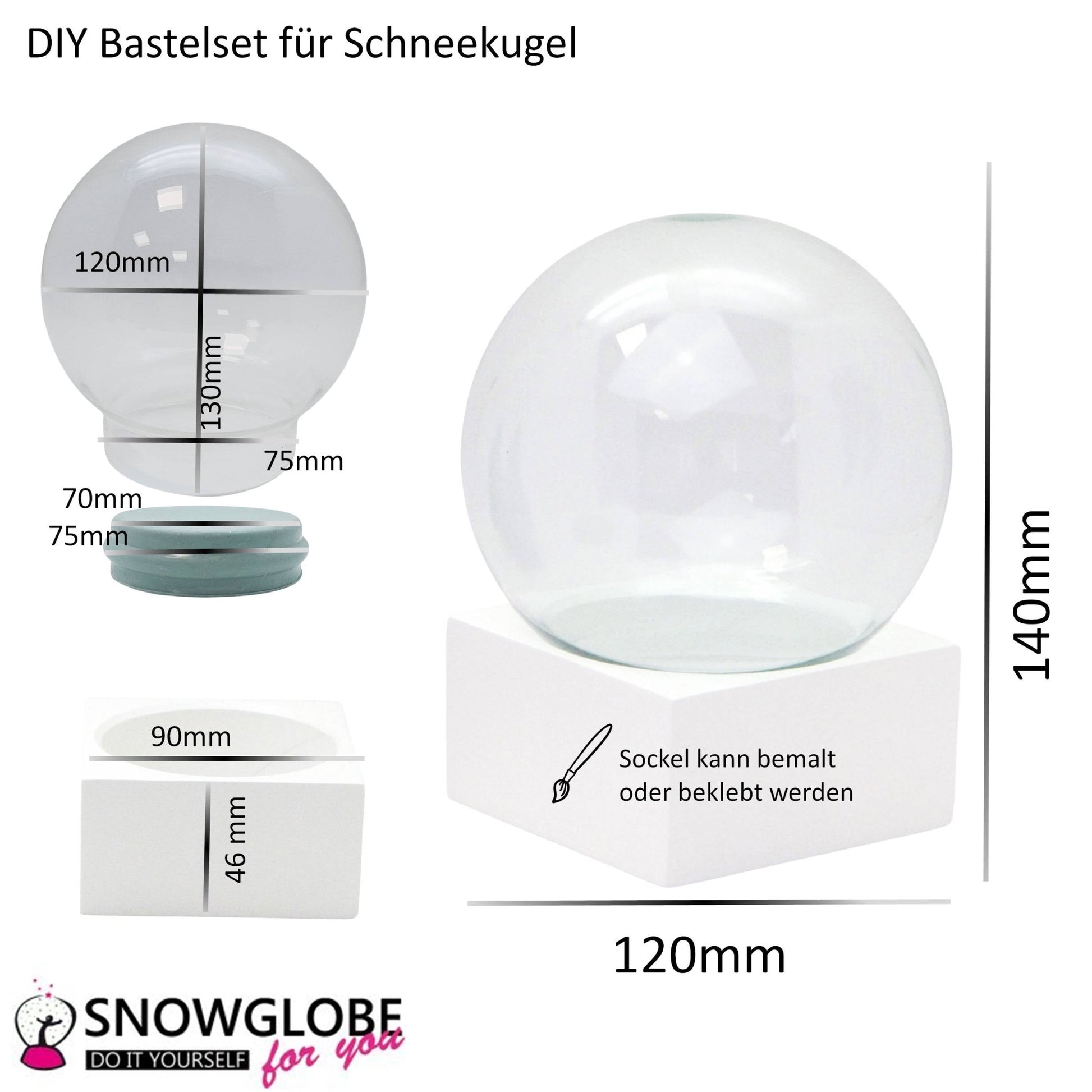 DIY - Komplett - Bastelset für Glas - Schneekugel 120x140mm weiß mit Schnee, Glitzer, Wasserklar & Kleber - Schneekugelhaus