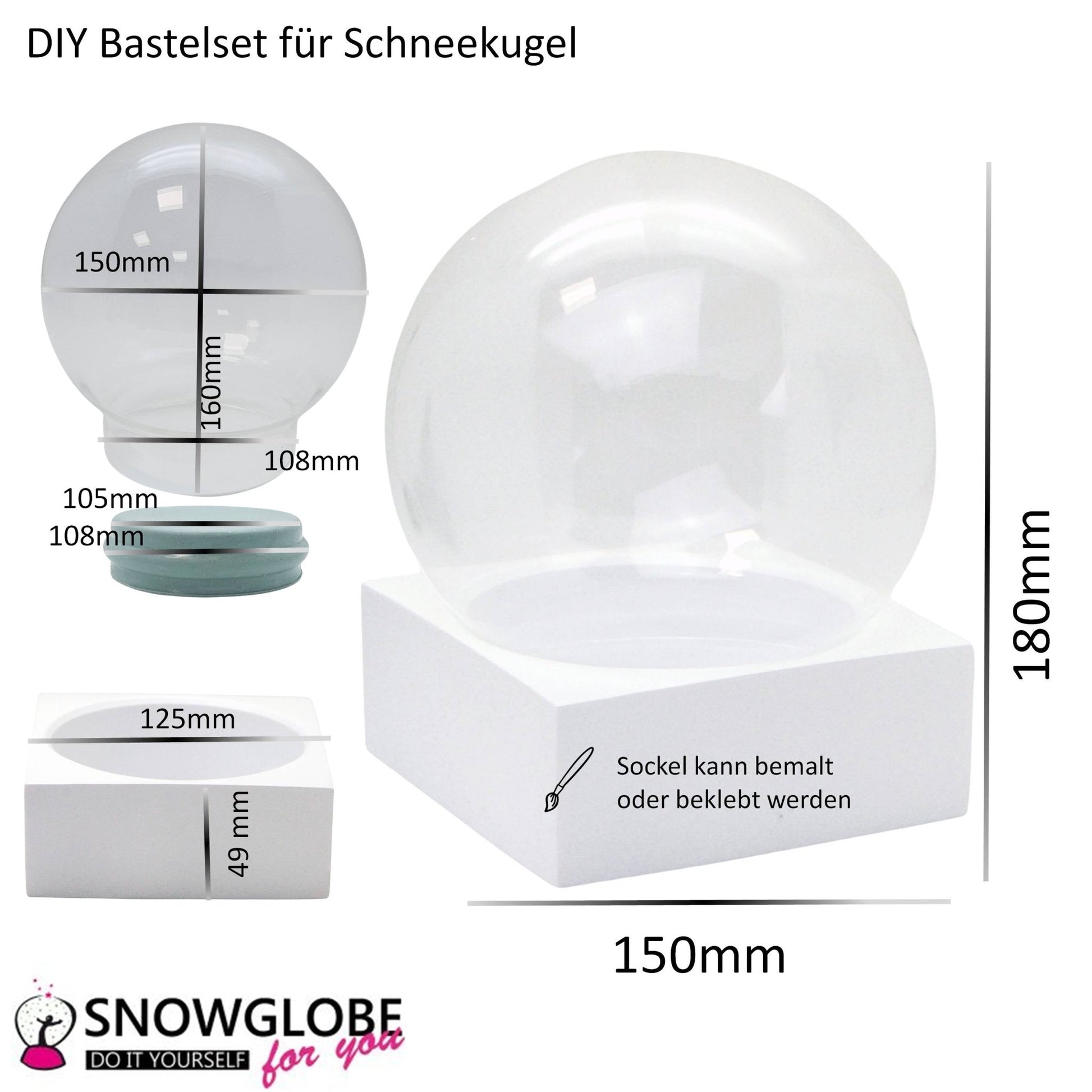 DIY - Komplett - Bastelset für Glas - Schneekugel 150x180mm weiß mit Schnee, Glitzer, Wasserklar & Kleber - Schneekugelhaus