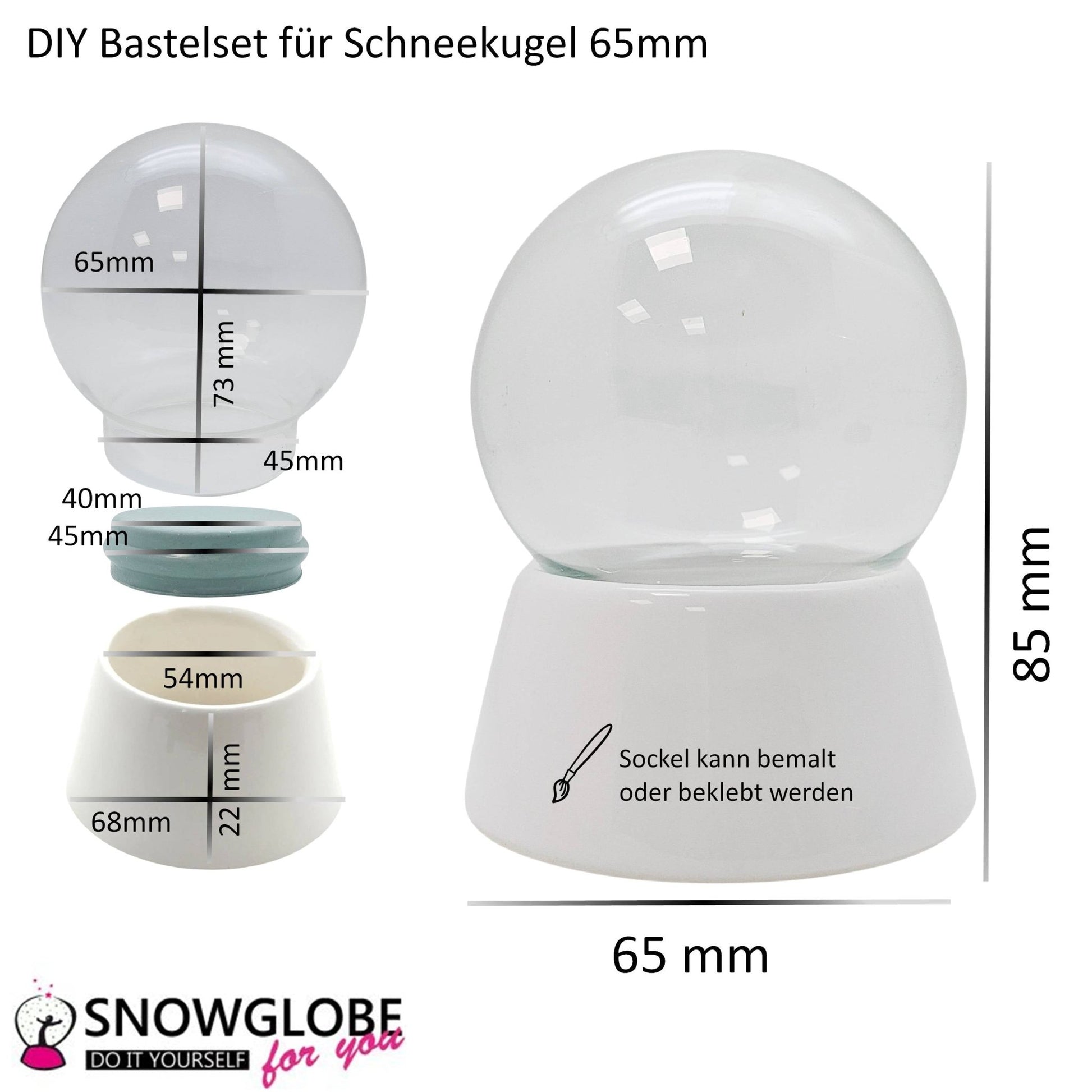 DIY - Komplett - Bastelset für Glas - Schneekugel 65x85mm mit Schnee, Glitzer, Wasserklar & Kleber - Schneekugelhaus