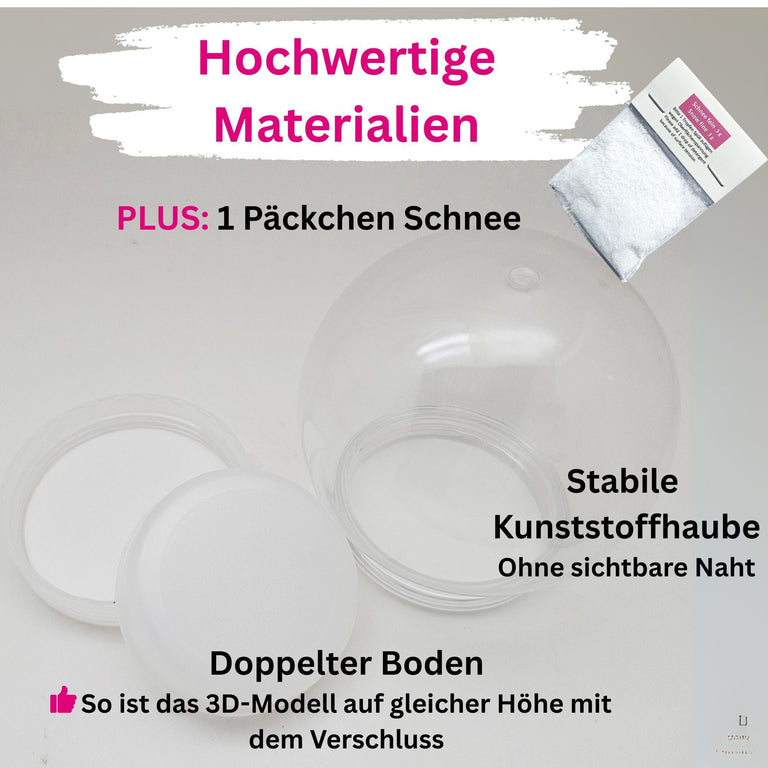 DIY - Komplett - Bastelset für Kunststoff - Schneekugel für 90 x 110 Kugelform mit Schnee, Glitzer, Wasserklar & Kleber - Schneekugelhaus