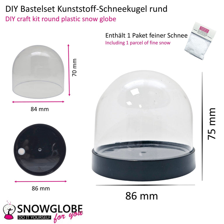 DIY - Komplett - Bastelset für Kunststoff - Schneekugel für FIMO 86x75 mm schwarz mit Schnee, Glitzer, Wasserklar & Kleber - Schneekugelhaus