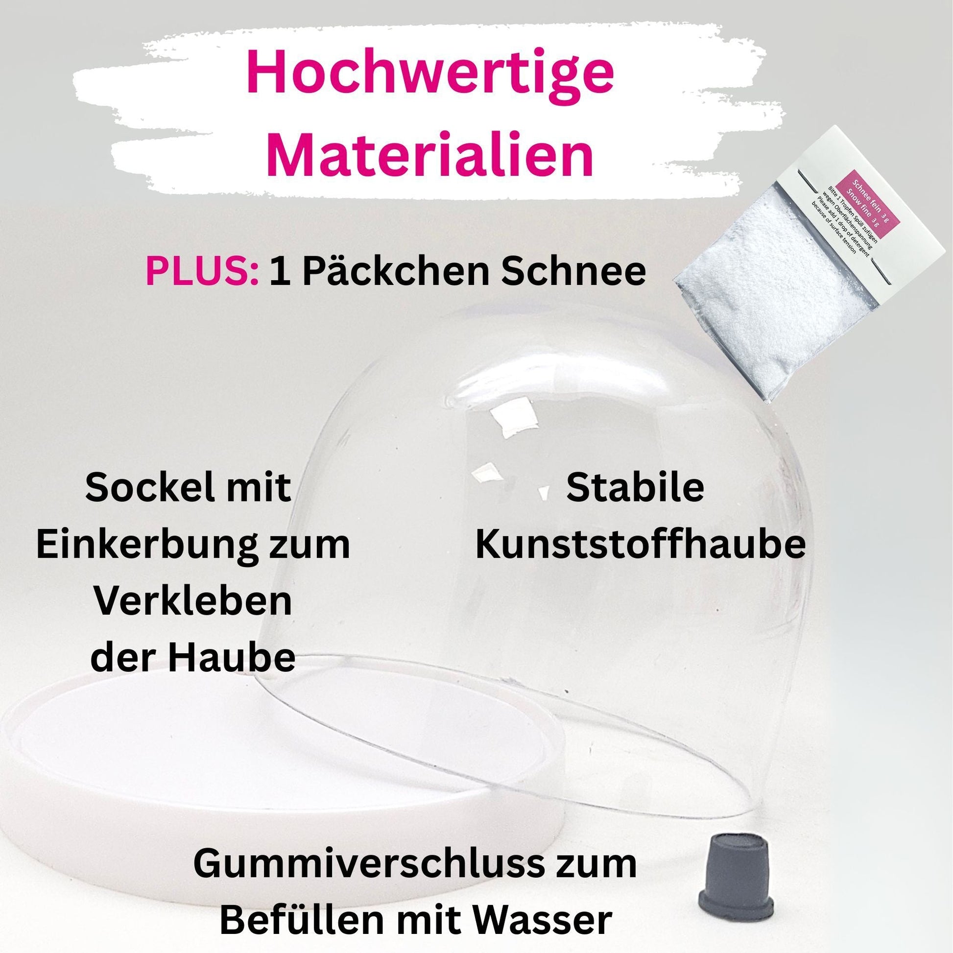 DIY - Komplett - Bastelset für Kunststoff - Schneekugel für FIMO 86x75 mm weiß mit Schnee, Glitzer, Wasserklar & Kleber - Schneekugelhaus