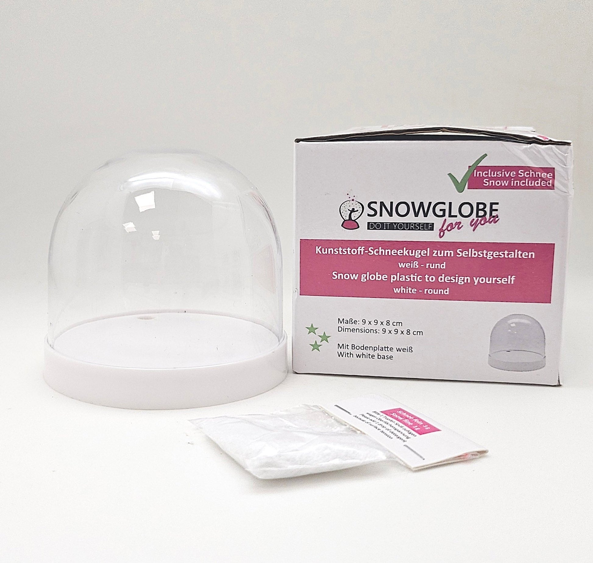 DIY - Komplett - Bastelset für Kunststoff - Schneekugel für FIMO 86x75 mm weiß mit Schnee, Glitzer, Wasserklar & Kleber - Schneekugelhaus