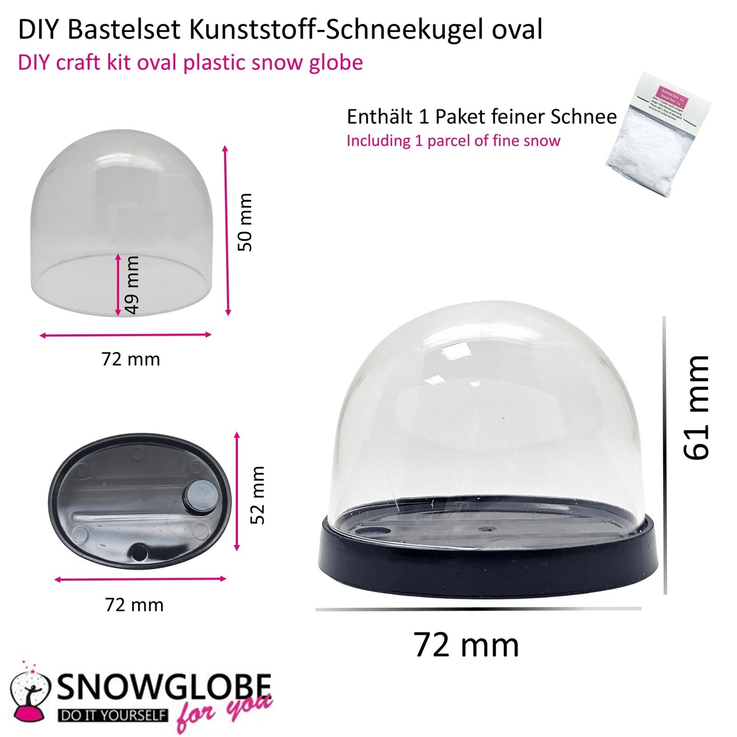 DIY - Komplett - Bastelset für Kunststoff - Schneekugel für FIMO oval 72 x 61 mm schwarz mit Schnee, Glitzer, Wasserklar & Kleber - Schneekugelhaus