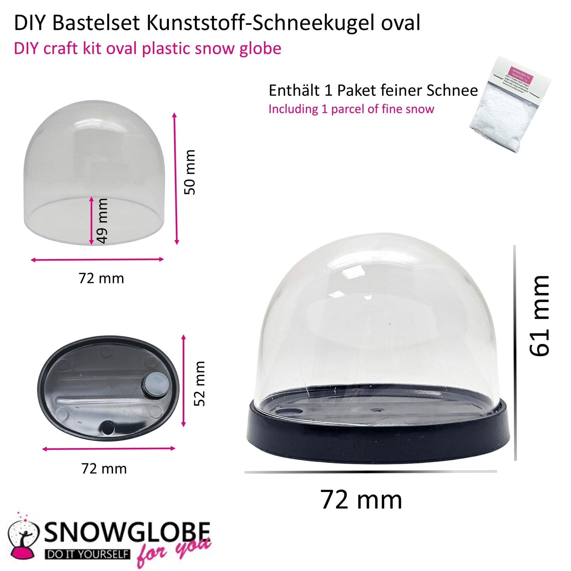 DIY - Komplett - Bastelset für Kunststoff - Schneekugel für FIMO oval 72 x 61 mm schwarz mit Schnee, Glitzer, Wasserklar & Kleber - Schneekugelhaus