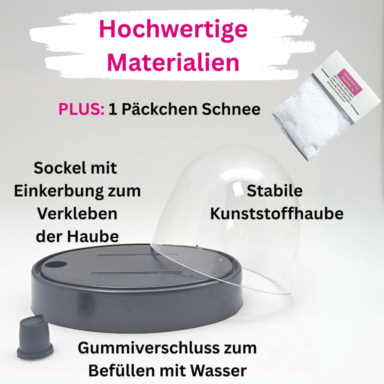DIY - Komplett - Bastelset für Kunststoff - Schneekugel für FIMO oval 72 x 61 mm schwarz mit Schnee, Glitzer, Wasserklar & Kleber - Schneekugelhaus