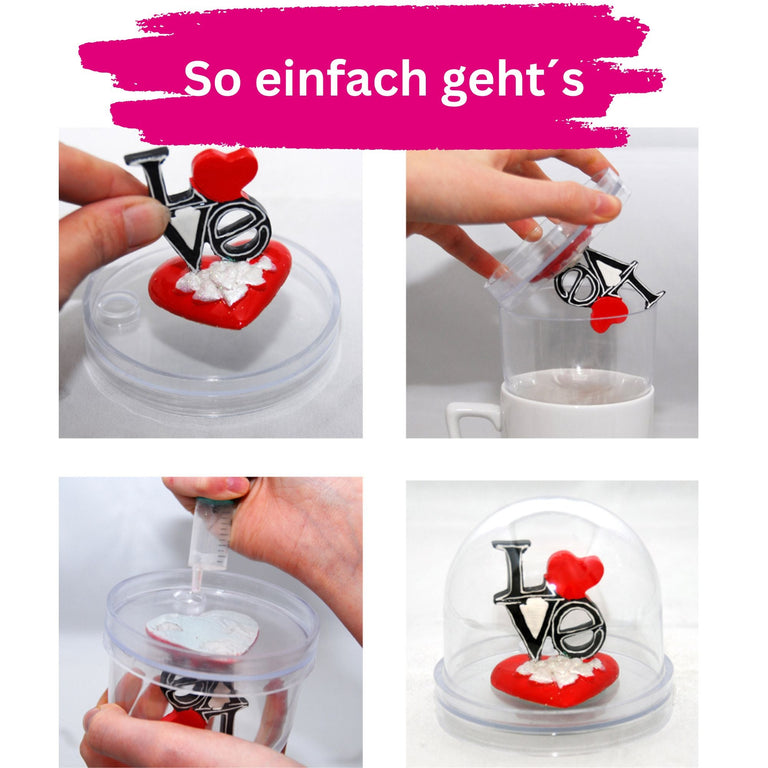 DIY - Komplett - Bastelset für Kunststoff - Schneekugel für FIMO oval 72 x 61 mm weiß mit Schnee, Glitzer, Wasserklar & Kleber - Schneekugelhaus