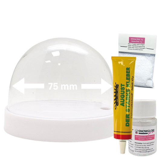 DIY - Komplett - Bastelset für Kunststoff - Schneekugel für FIMO oval 72 x 61 mm weiß mit Schnee, Glitzer, Wasserklar & Kleber - Schneekugelhaus