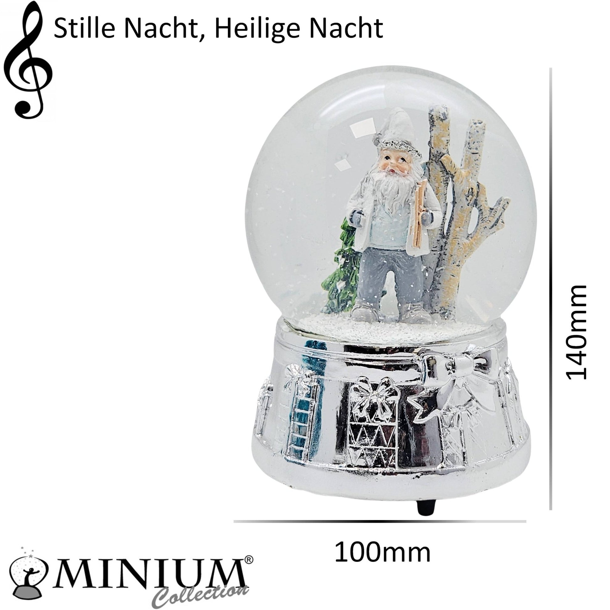 Edle Schneekugel Santa weiß Skier mit Silber-Sockel Geschenkschleife und Spieluhr 100 mm Durchmesser - Schneekugelhaus