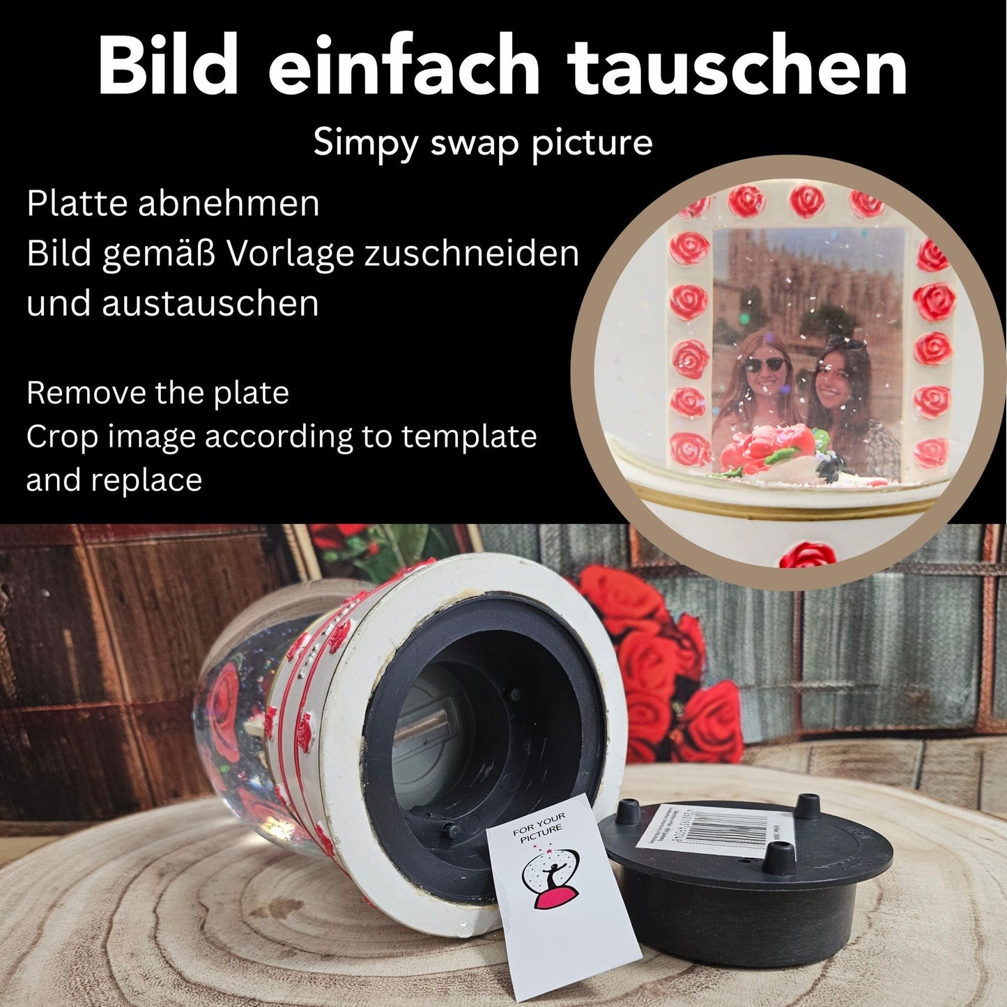 Foto - Schneekugel Für dich soll´s rote Rosen regnen Glaskugel Wechselrahmen - Schneekugelhaus