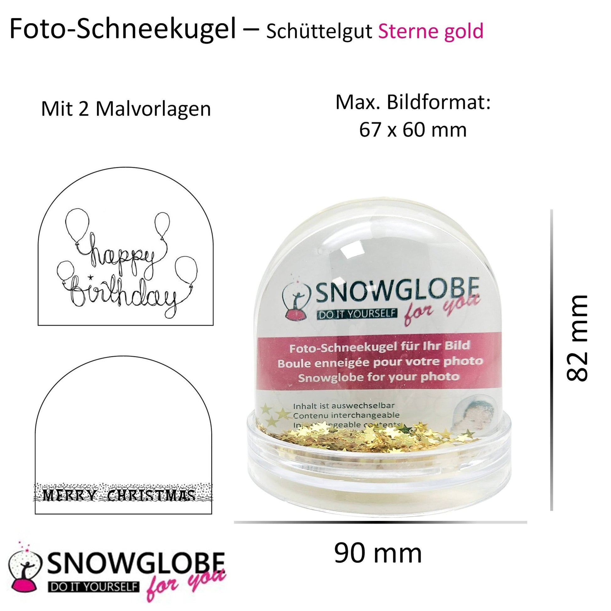 Foto-Schneekugel groß mit transparentem Sockel - goldene Sterne - Schneekugelhaus