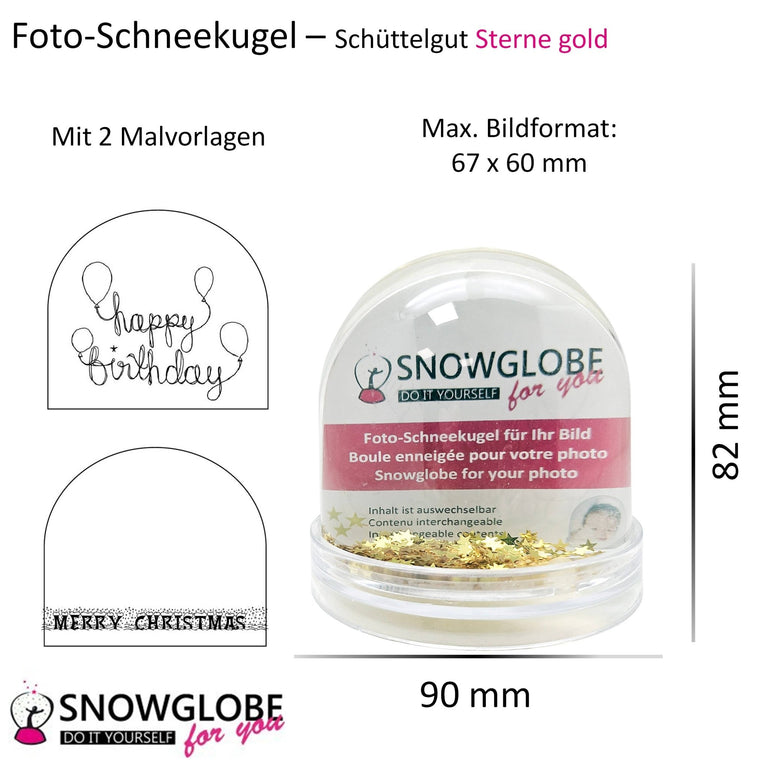 Foto-Schneekugel groß mit transparentem Sockel - goldene Sterne - Schneekugelhaus