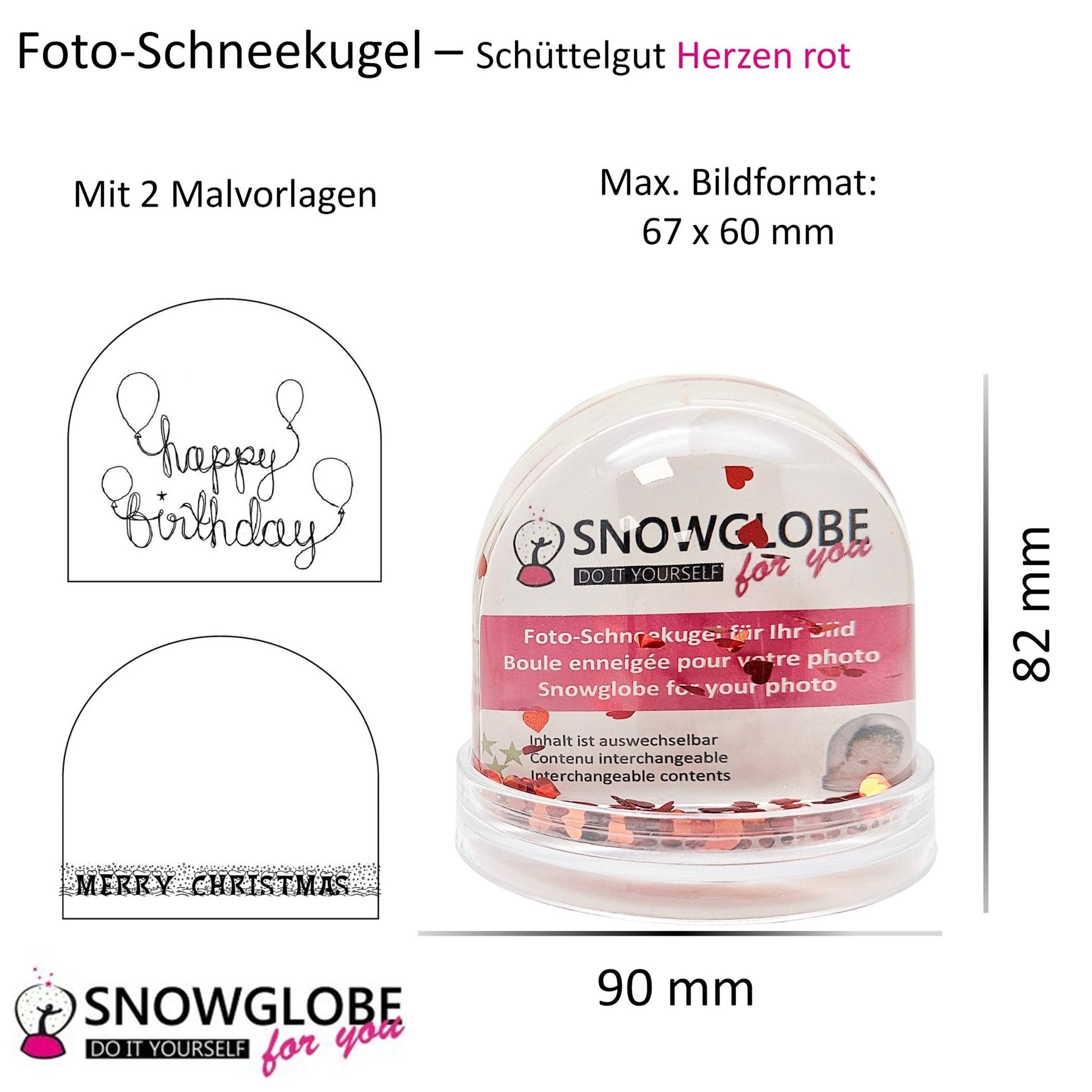Foto-Schneekugel groß mit transparentem Sockel - rote Herzen - Schneekugelhaus