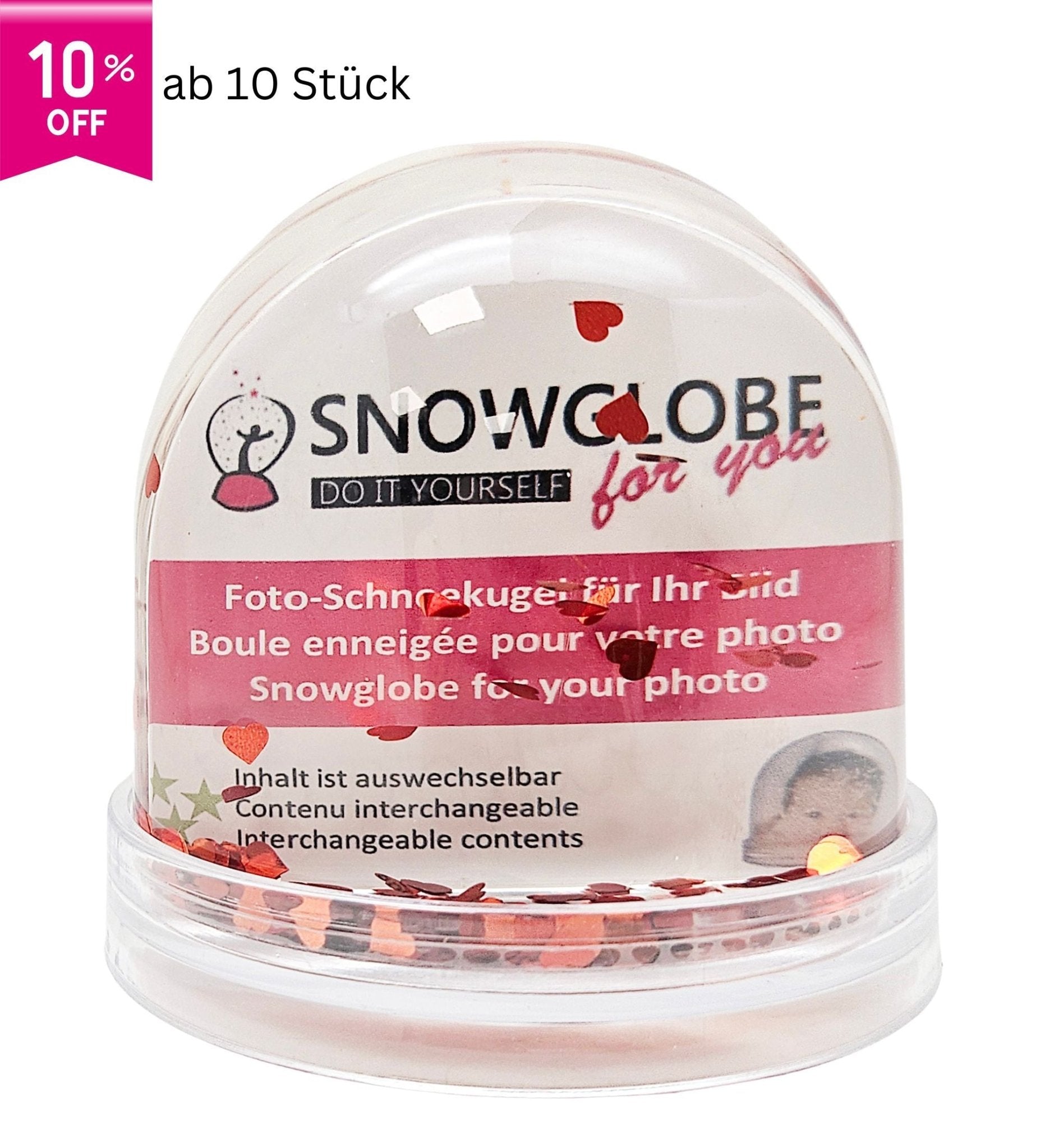Foto - Schneekugel groß mit transparentem Sockel - rote Herzen - Schneekugelhaus