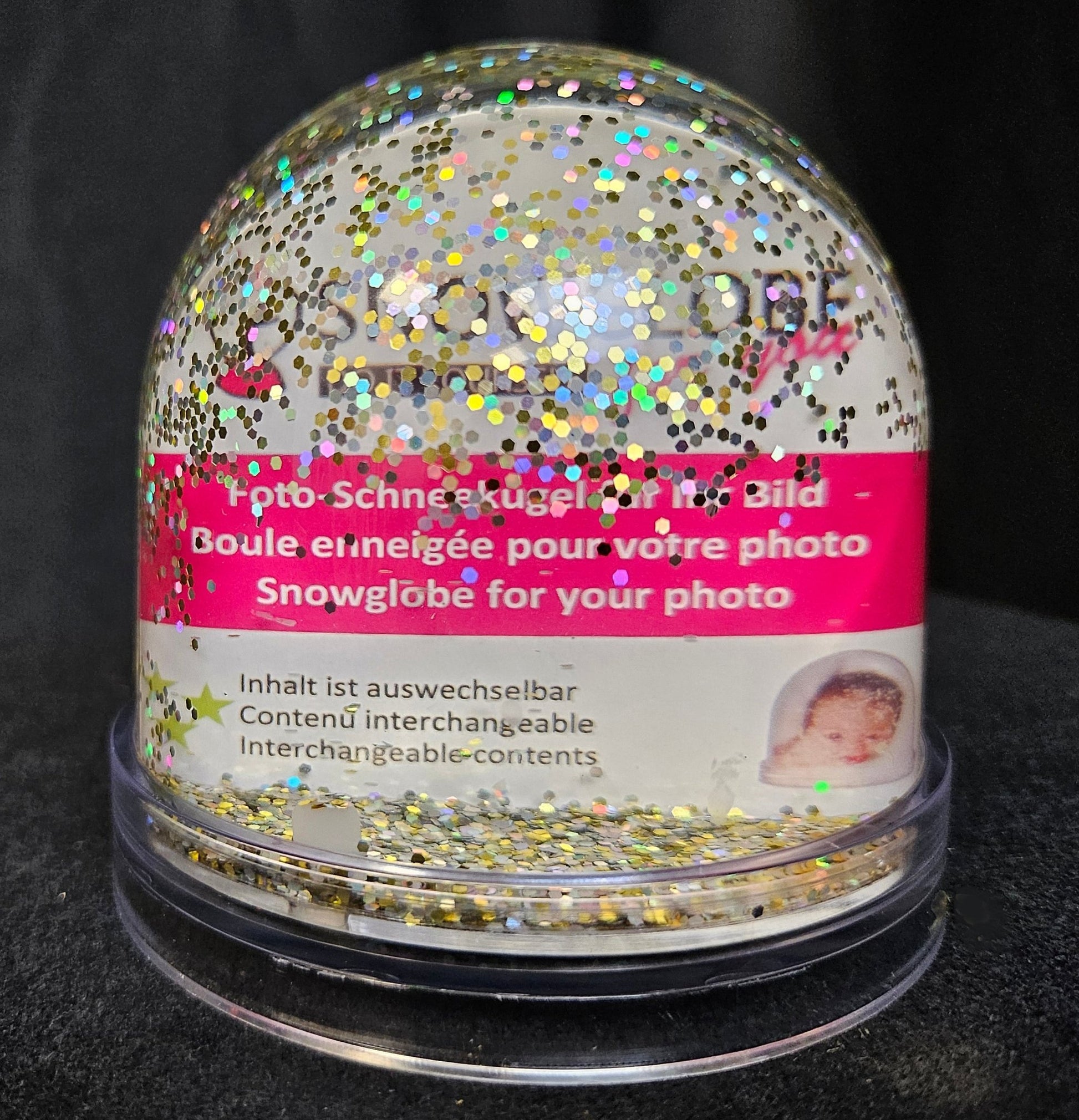 Foto-Schneekugel groß mit transparentem Sockel - silber gold Glitzer - Schneekugelhaus